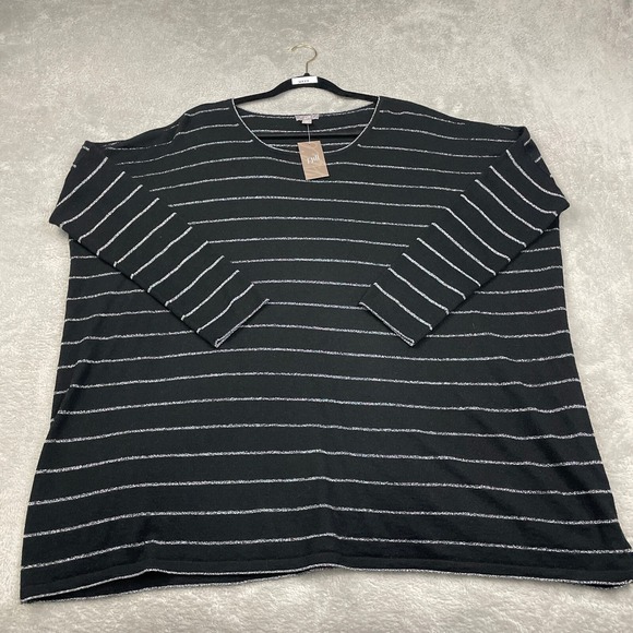 J. Jill Wool Blend Tunic Top Women L Black Silver Striped Angora 3/4 Sleeve Boxy - Picture 1 of 16